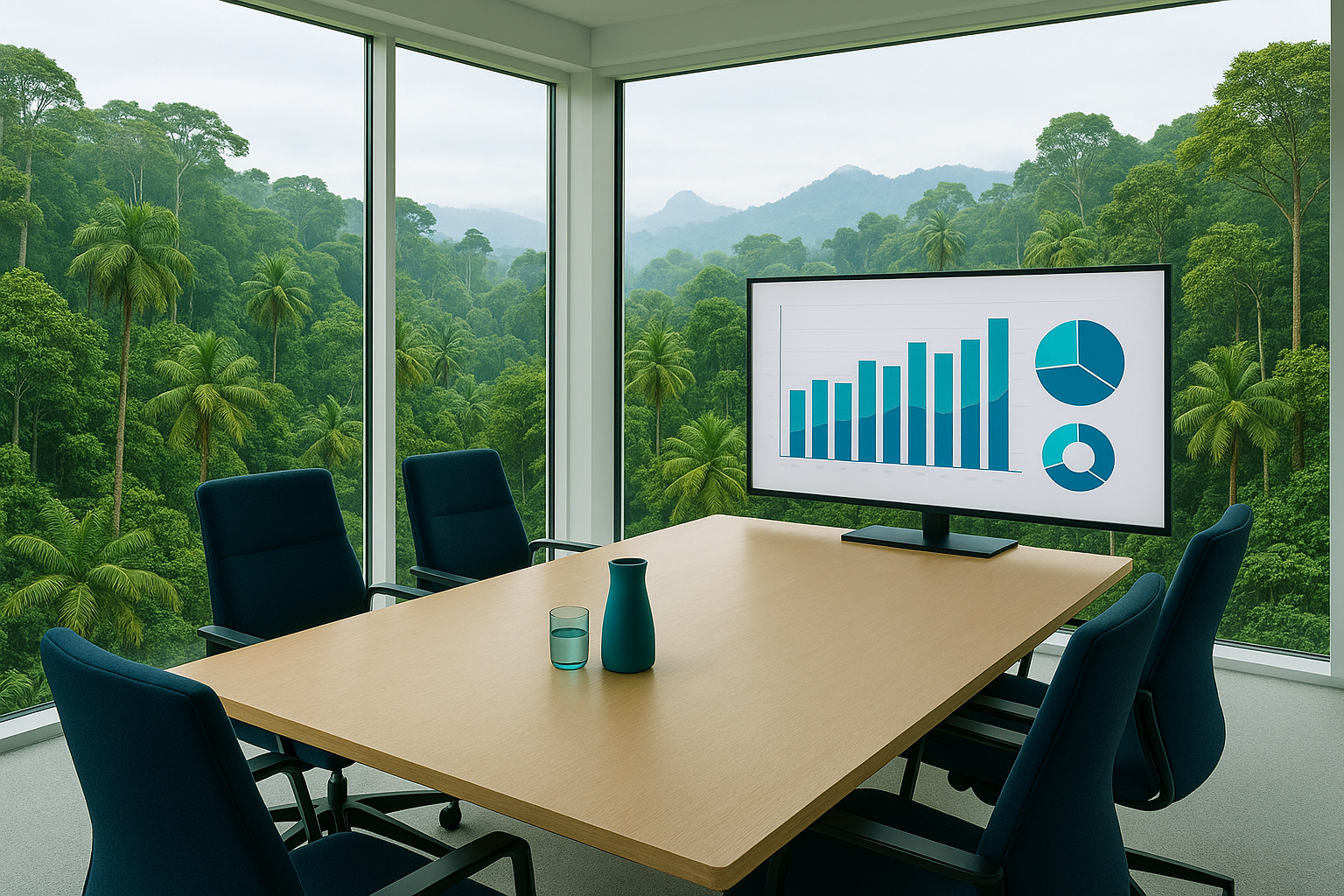 Professional meeting room with tropical jungle view and business analytics on display